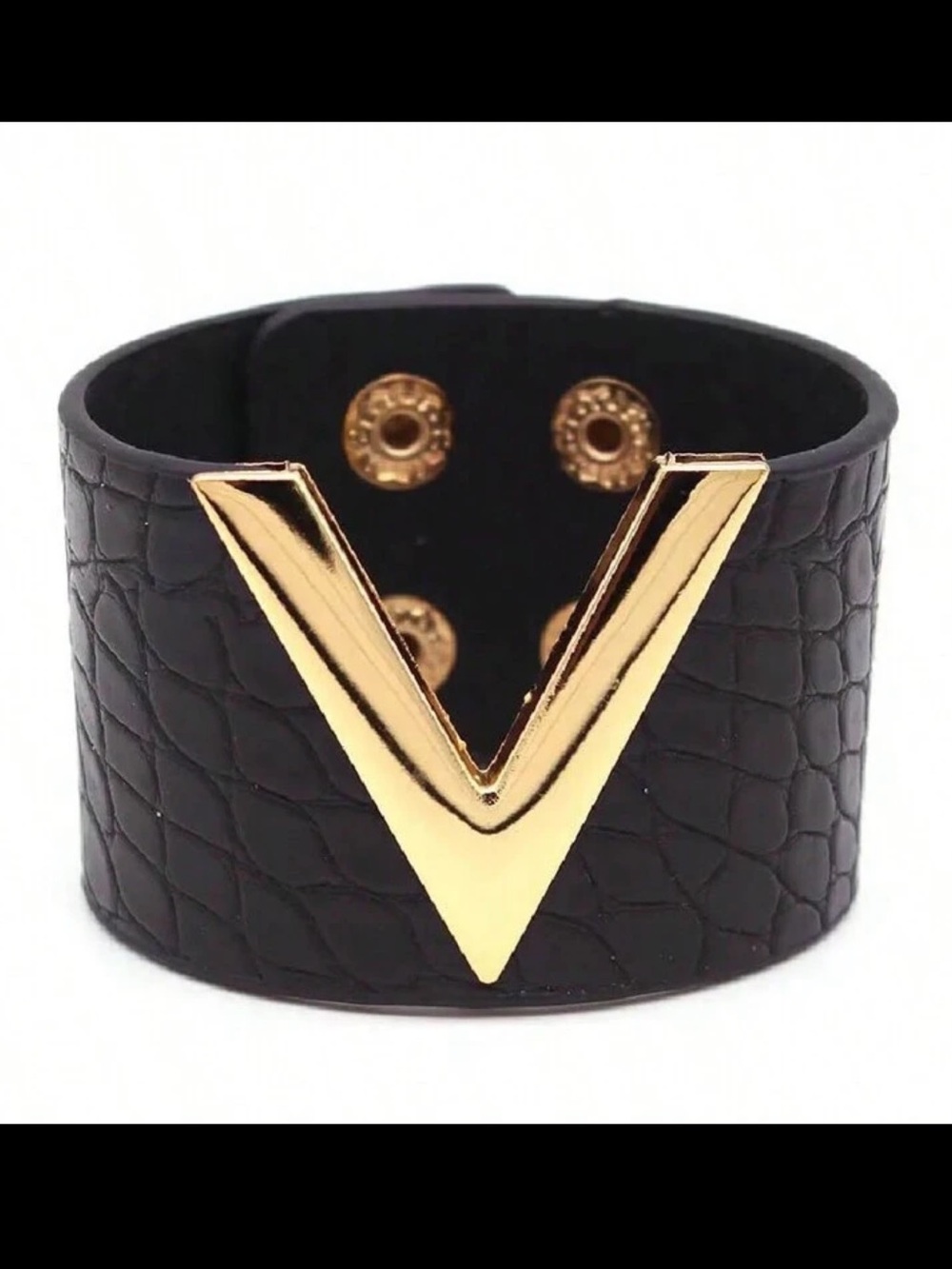 Black Gold V-Accent Wide Leather Cuff Bracelet - Women Accessories